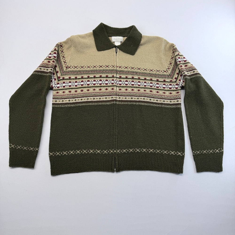 Studio Works Womens Medium Green Tan Fair Isle Wool Blend Full Zip Cardigan